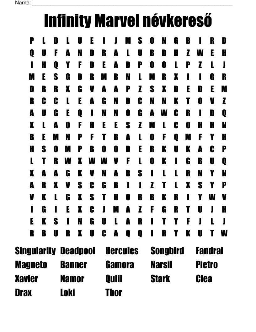 Infinity Marvel névkereső Word Search