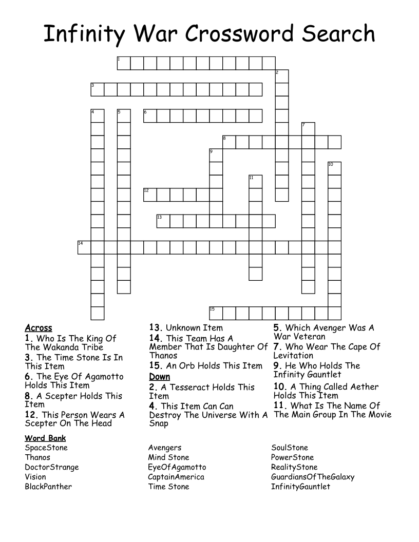 Infinity War Crossword Search
