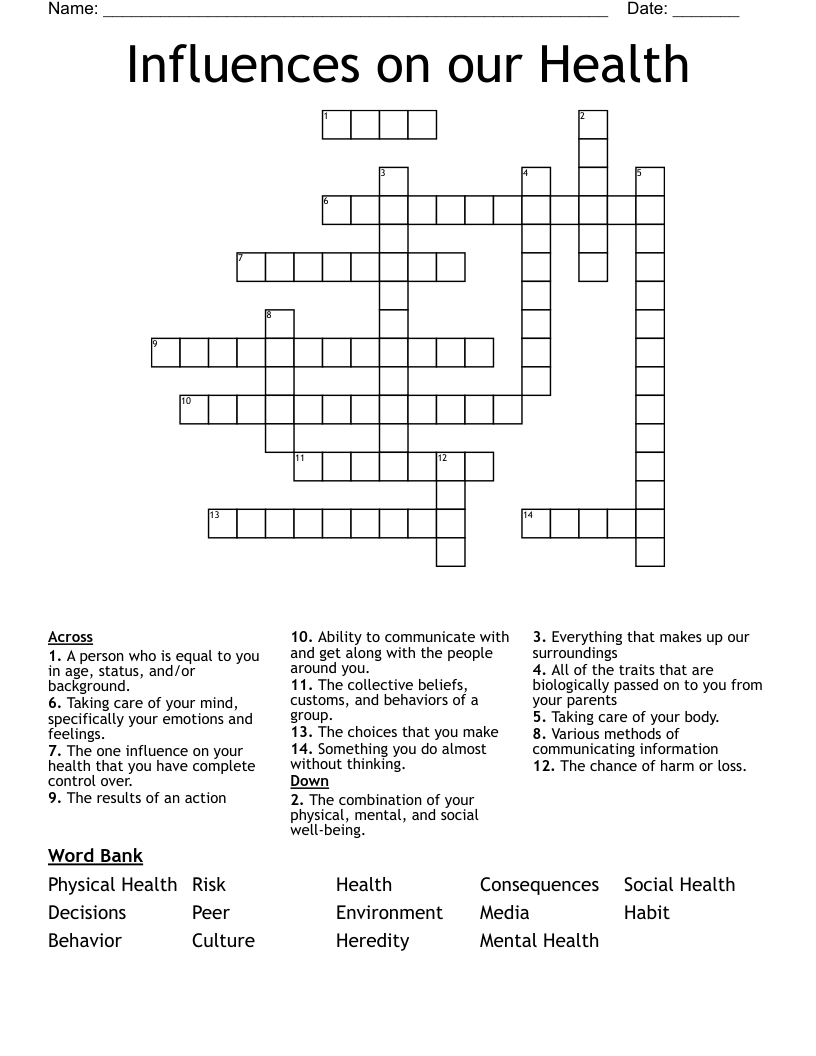 Influences on our Health Crossword