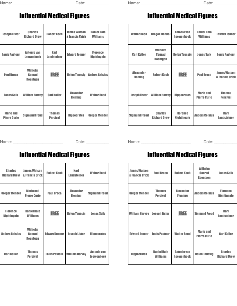 Influential Medical Figures Bingo Cards