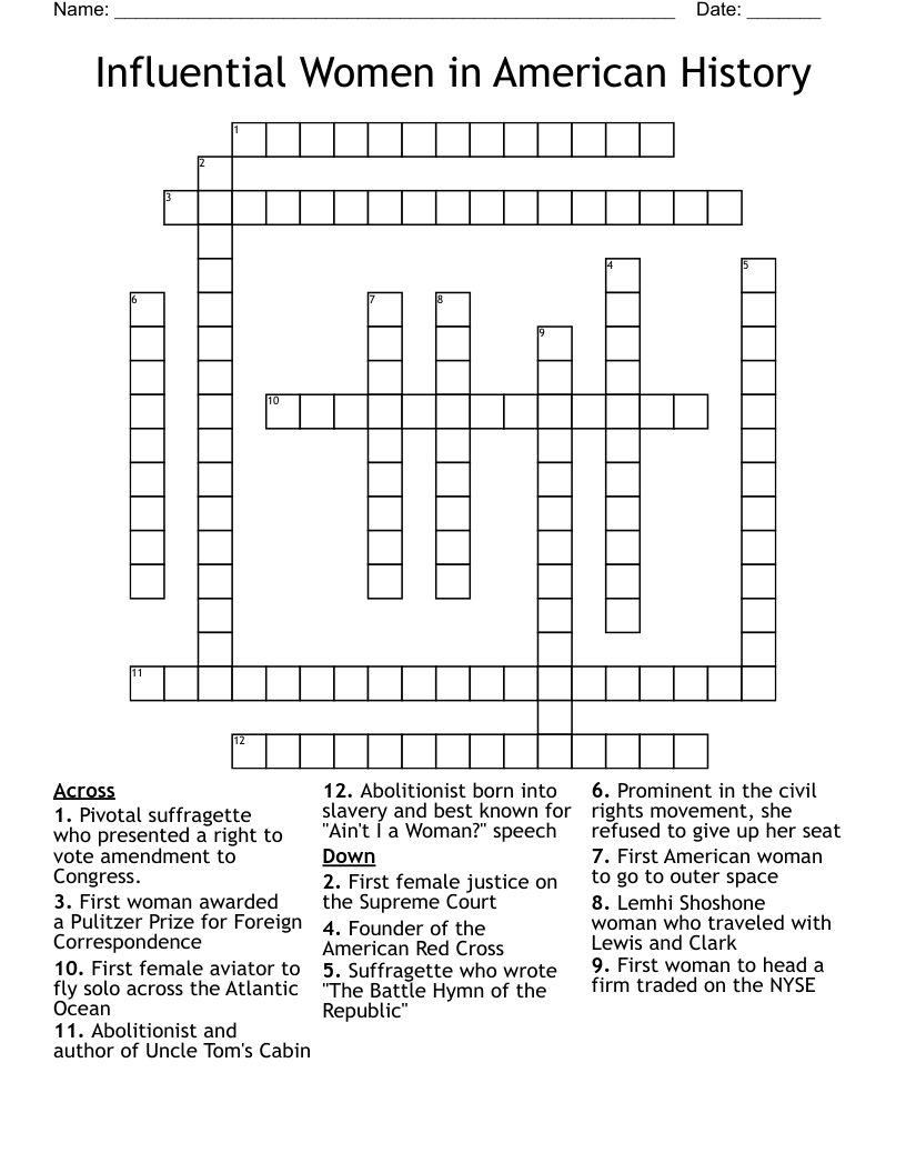 Influential Women in American History Crossword