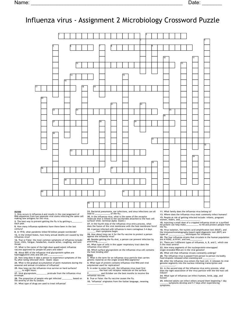Influenza virus - Assignment 2 Microbiology Crossword Puzzle