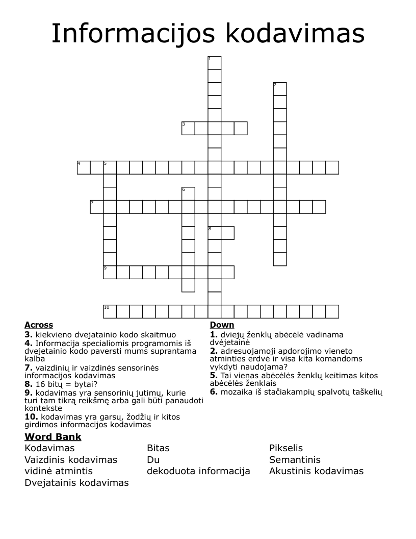 Informacijos kodavimas Crossword
