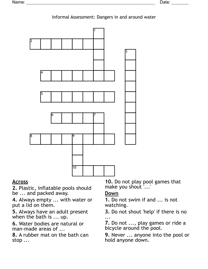 Informal Assessment:                                             Dangers in and around water Crossword