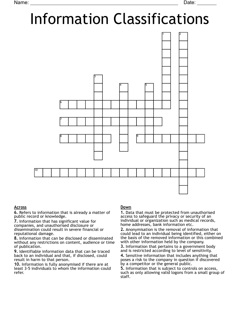 Information Classifications Crossword