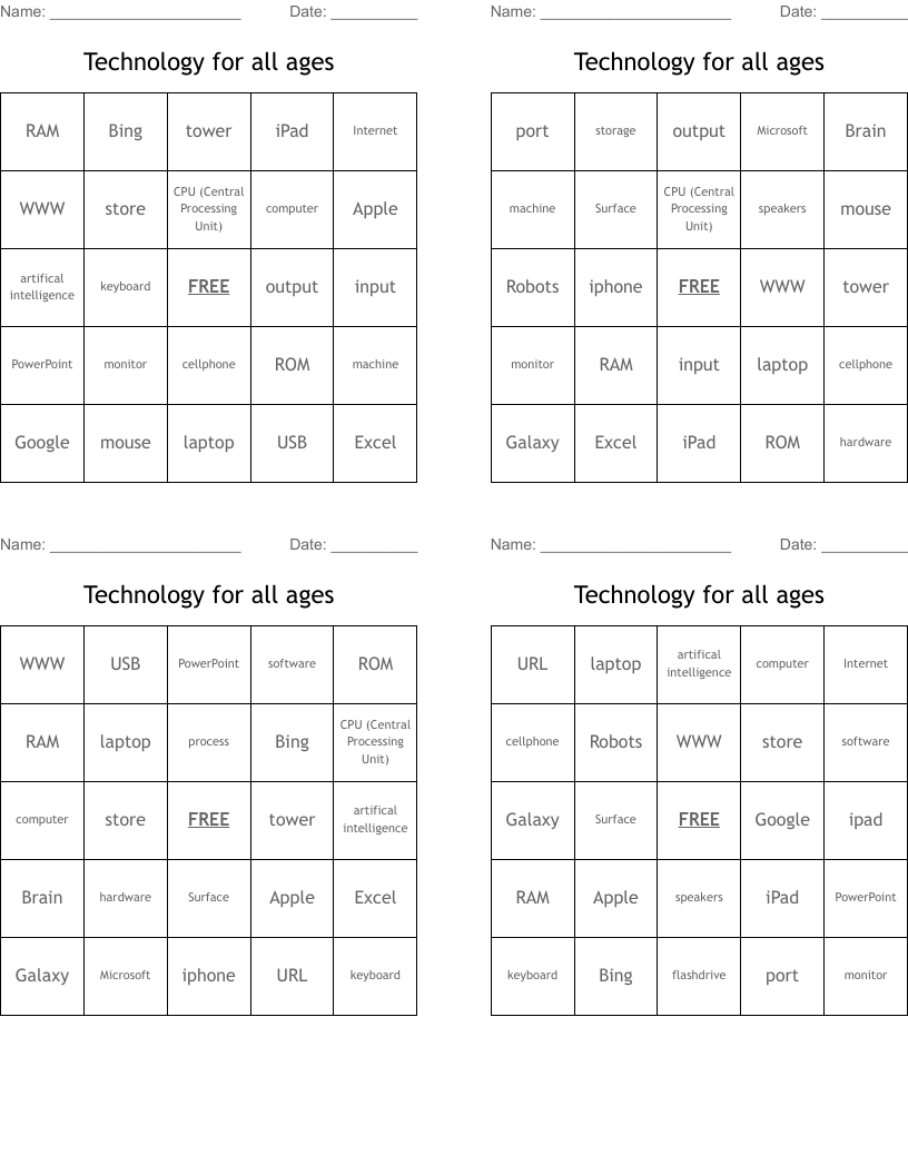 Technology for all ages Bingo Cards