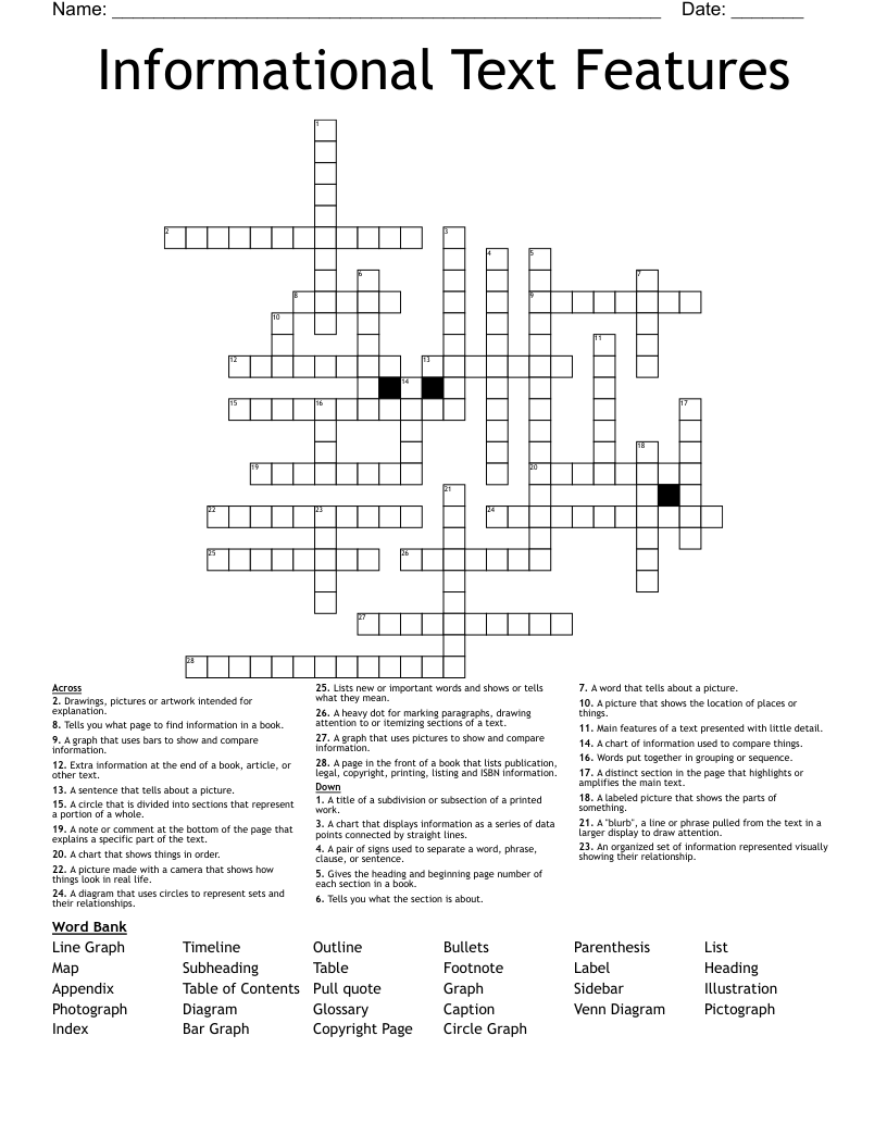 Informational Text Features Crossword