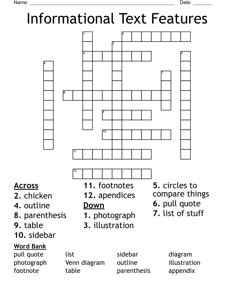 Informational Text Features  Crossword