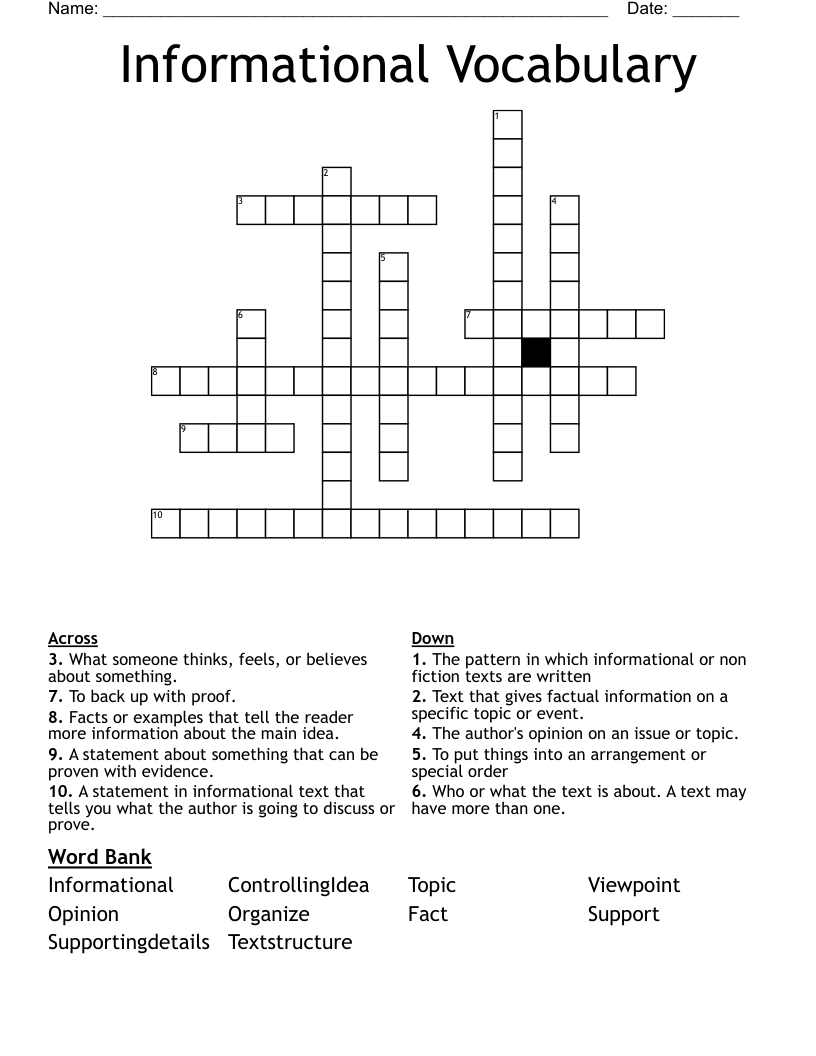 Informational Vocabulary Crossword