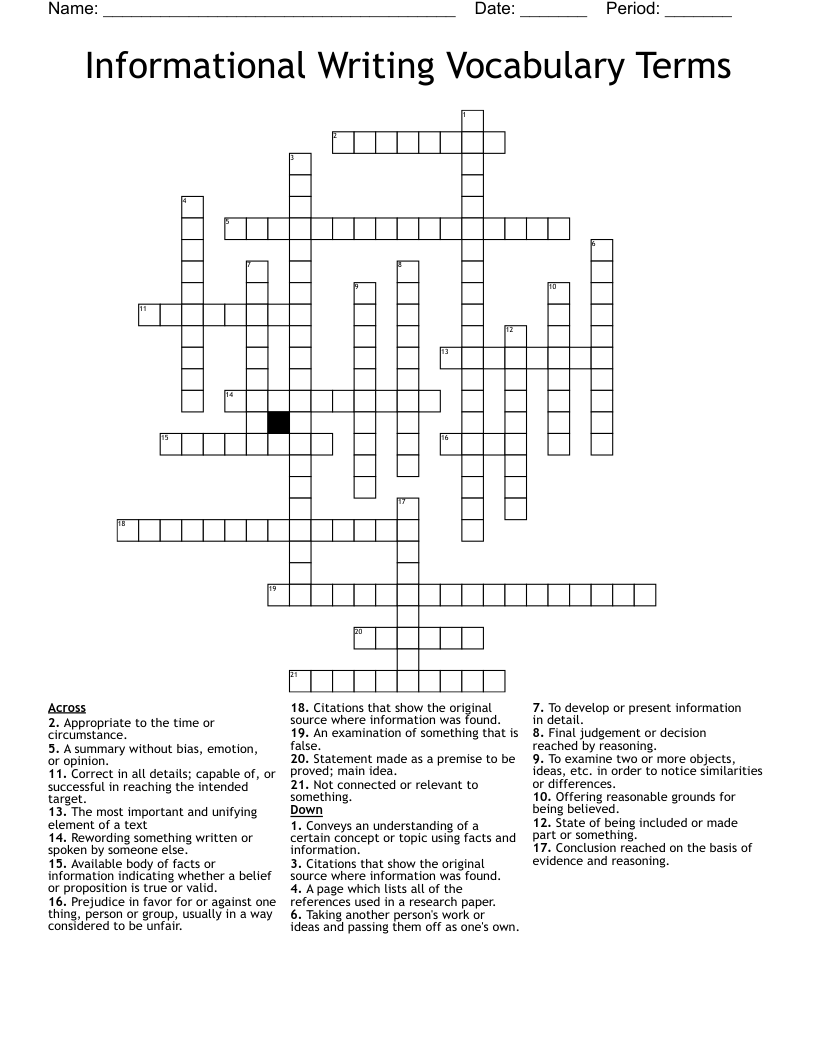 Informational Writing Vocabulary Terms Crossword