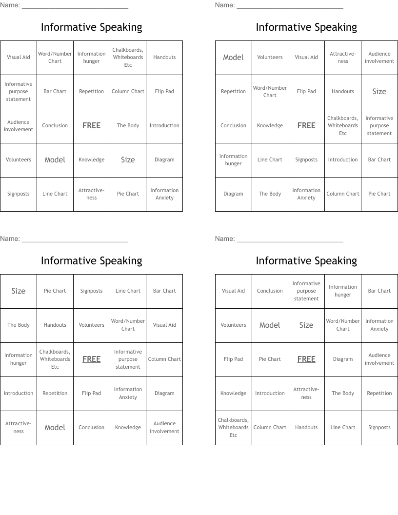 Informative Speaking  Bingo Cards