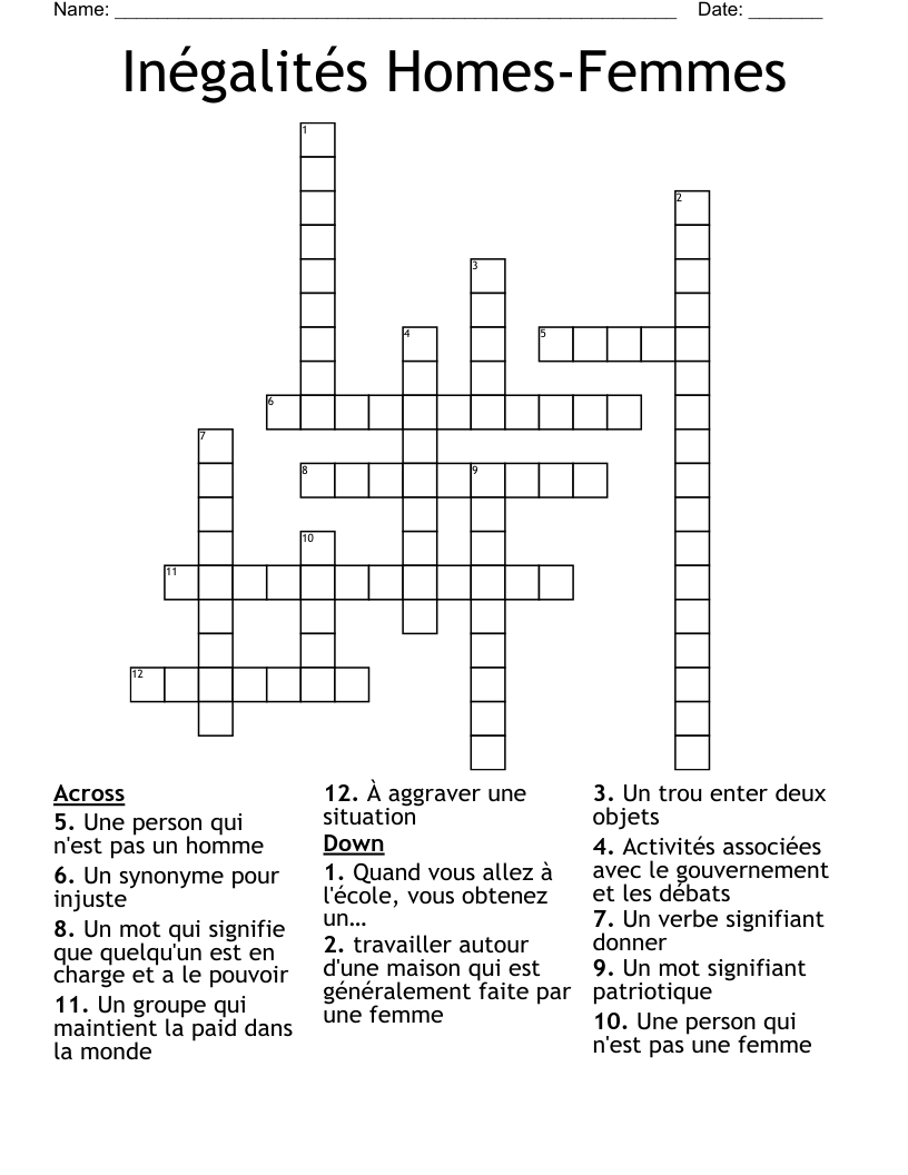 Inégalités Homes-Femmes Crossword