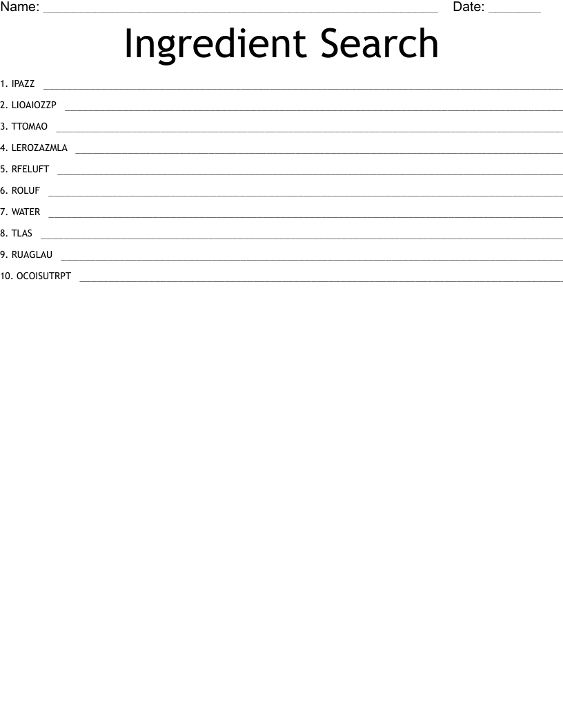 Ingredient Search Word Scramble