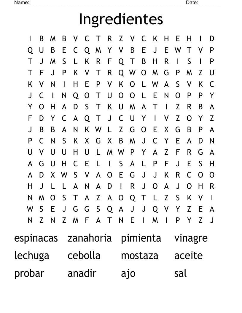Ingredientes Word Search