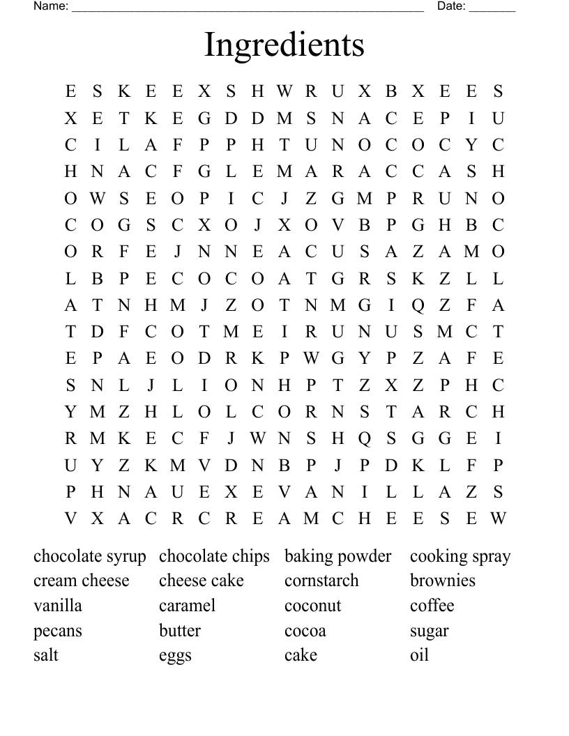 Ingredients  Word Search