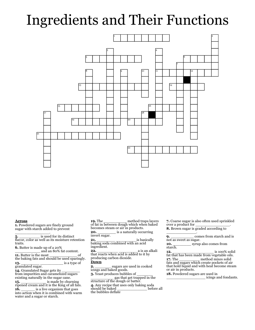 Ingredients and Their Functions Crossword