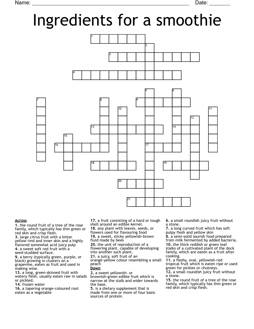 Ingredients for a smoothie Crossword
