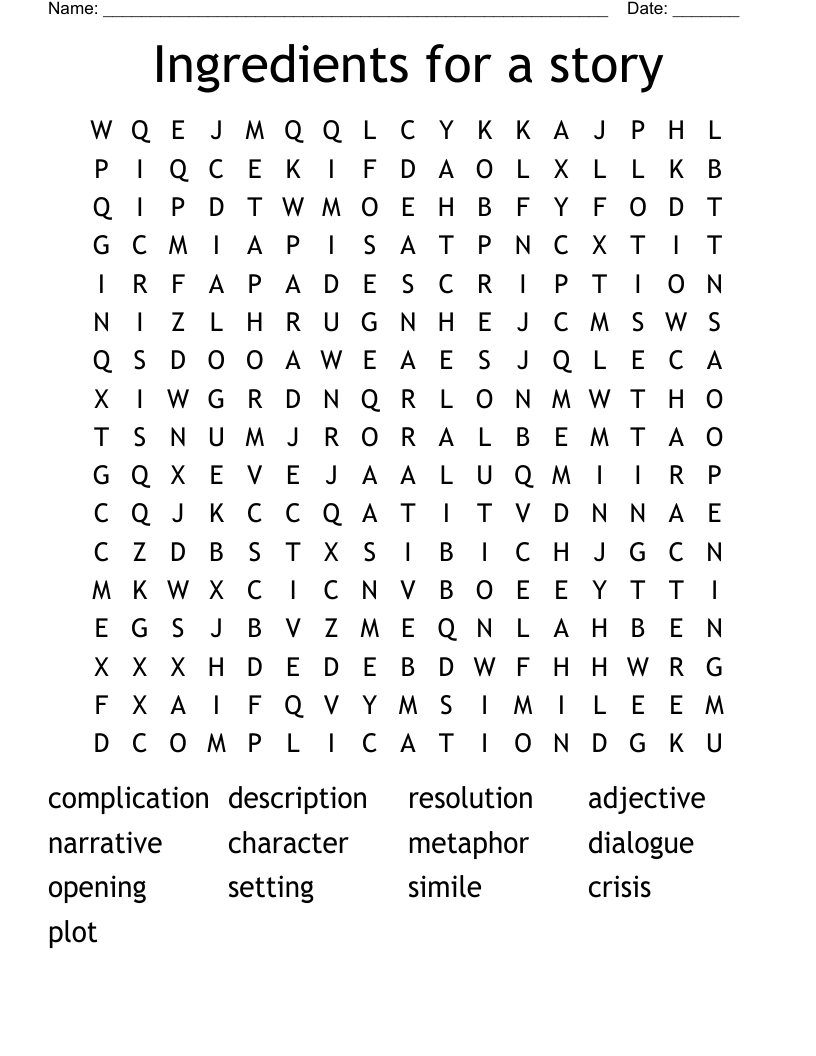 Ingredients for a story Word Search