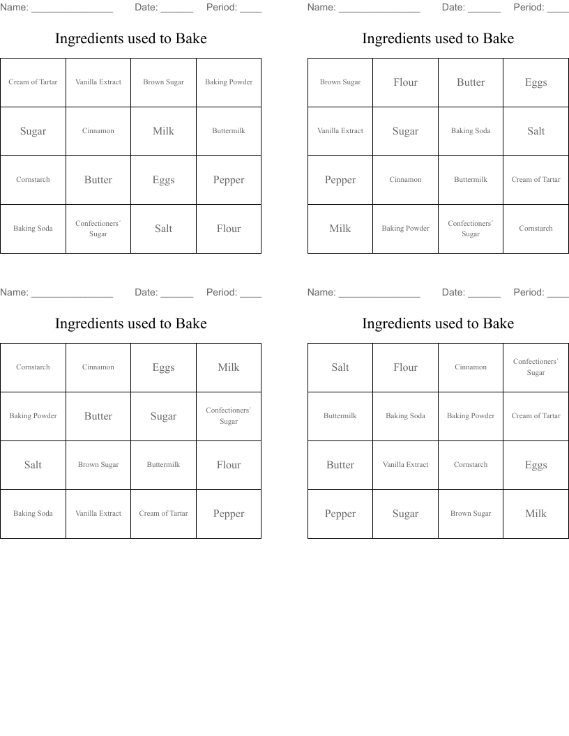 Ingredients used to Bake Bingo Cards