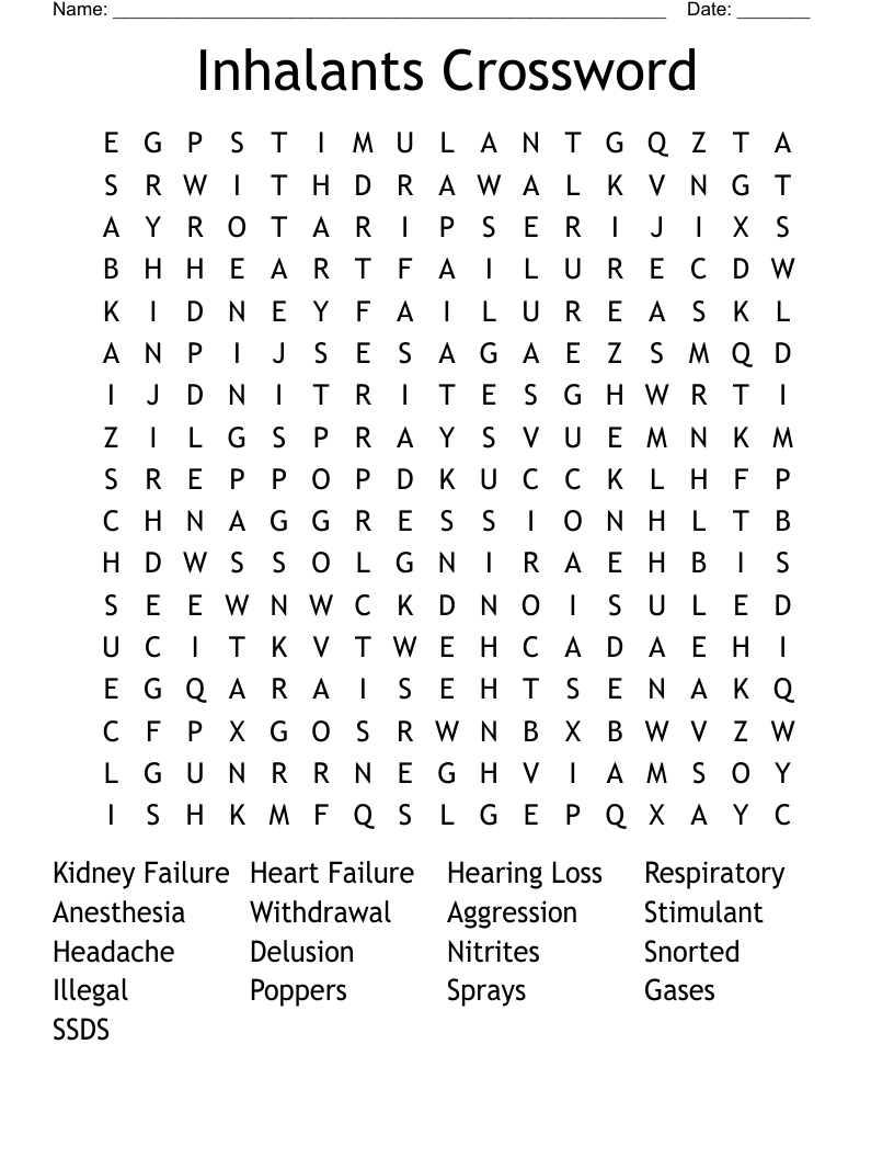 Inhalants Crossword Word Search
