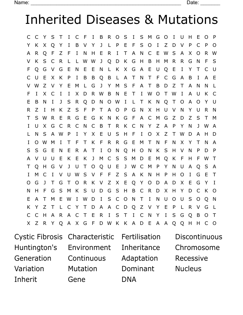 Inherited Diseases & Mutations Word Search