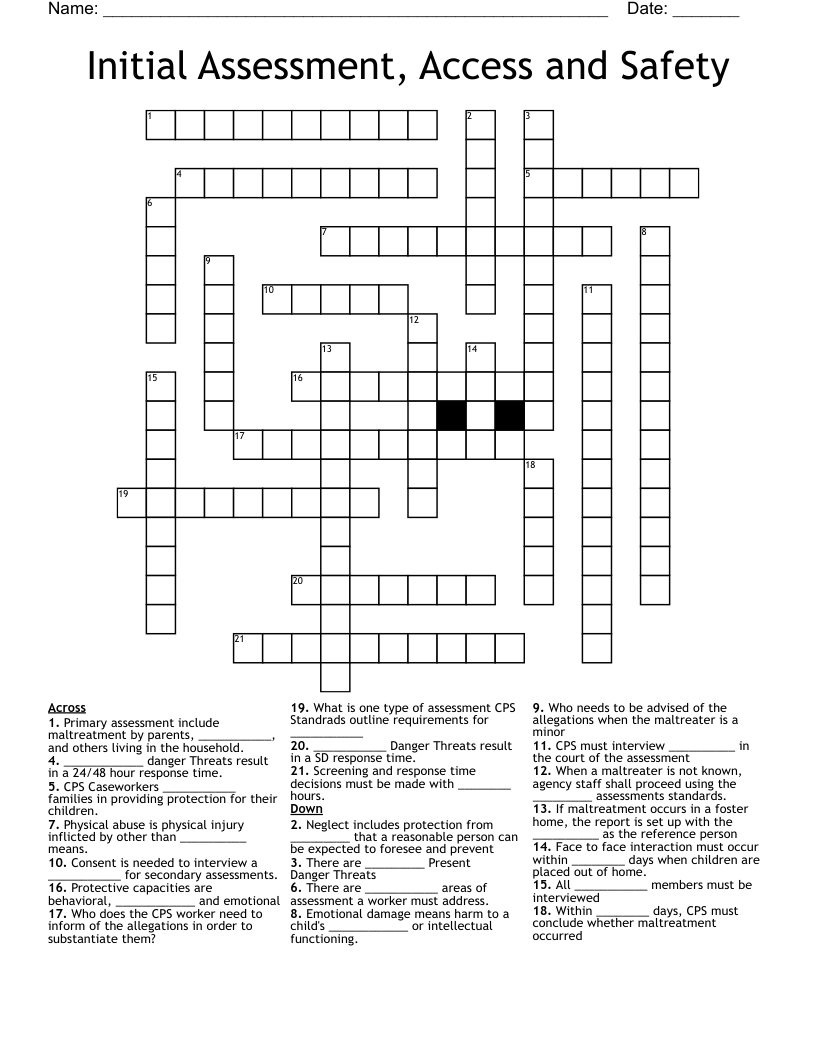 Initial Assessment, Access and Safety Crossword
