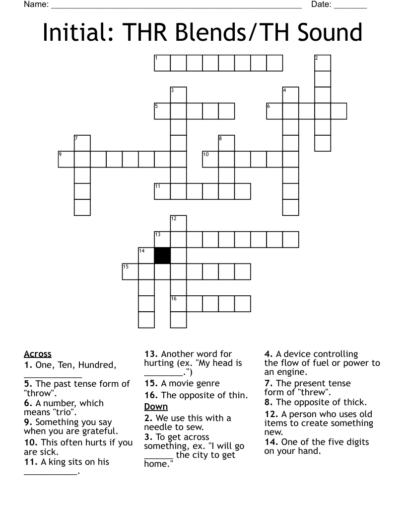 Initial: THR Blends/TH Sound Crossword