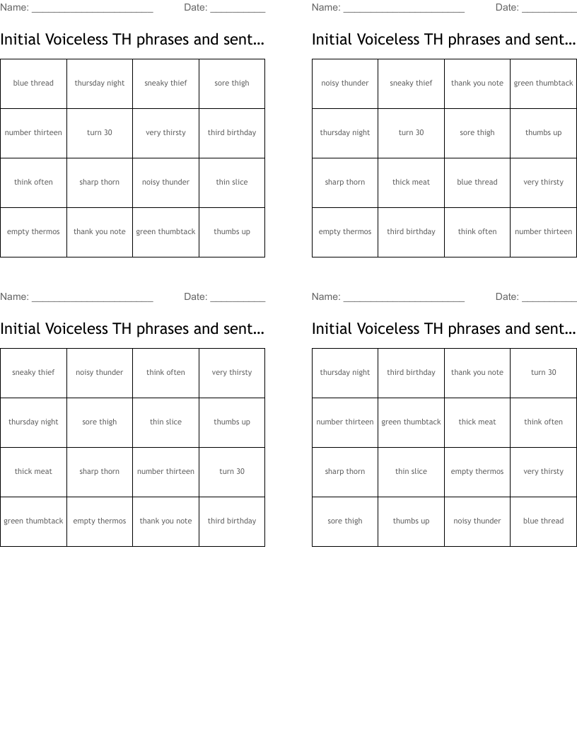 Initial Voiceless TH phrases and sentence Bingo Cards