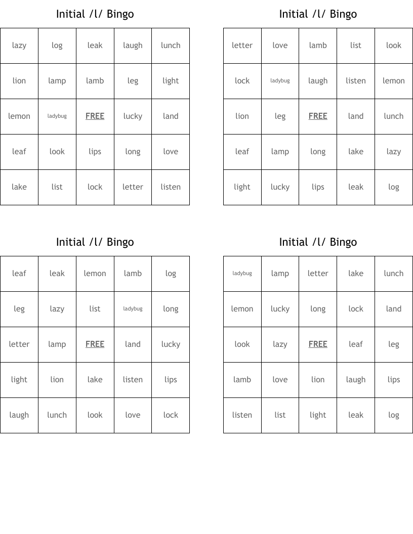 Initial /l/ Bingo
