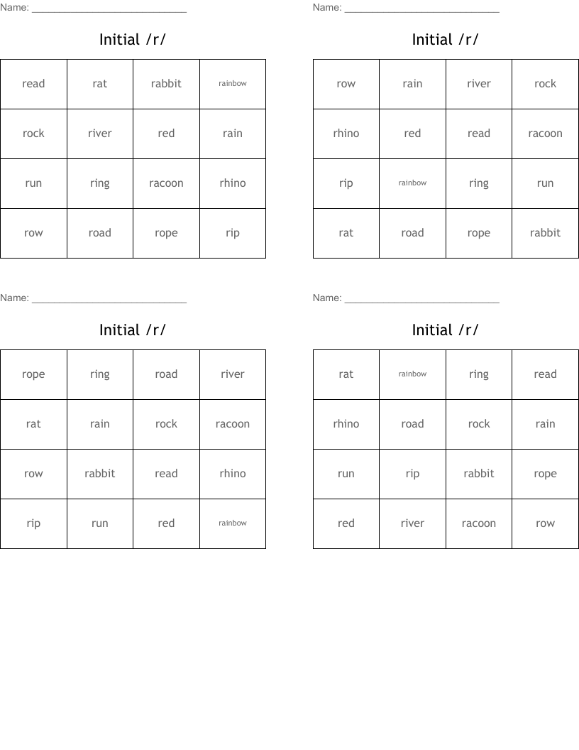 Initial /r/  Bingo Cards
