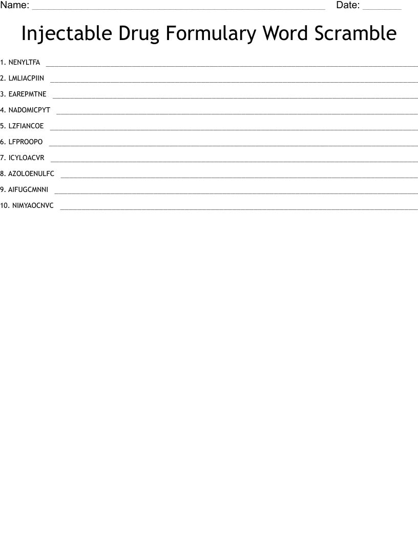 Injectable Drug Formulary Word Scramble