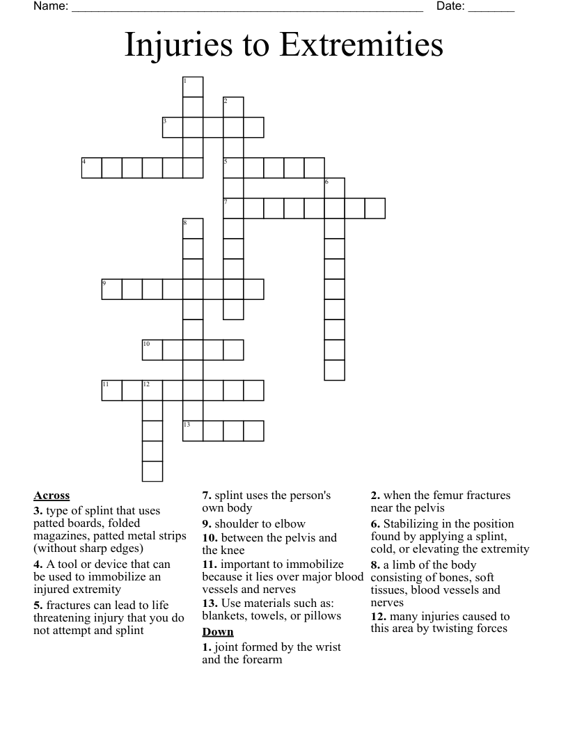 Injuries to Extremities Crossword