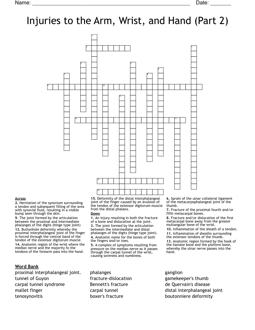 Injuries to the Arm, Wrist, and Hand (Part 2) Crossword