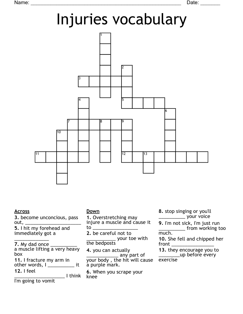 Injuries vocabulary Crossword