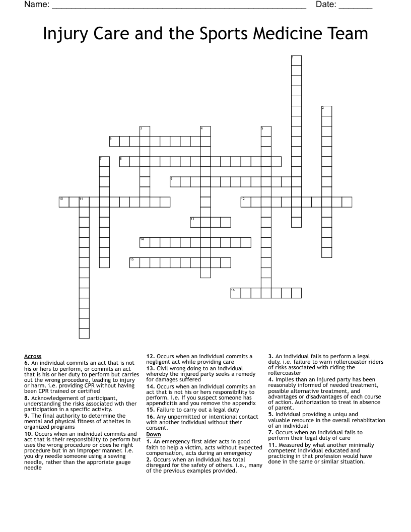 Injury Care and the Sports Medicine Team Crossword