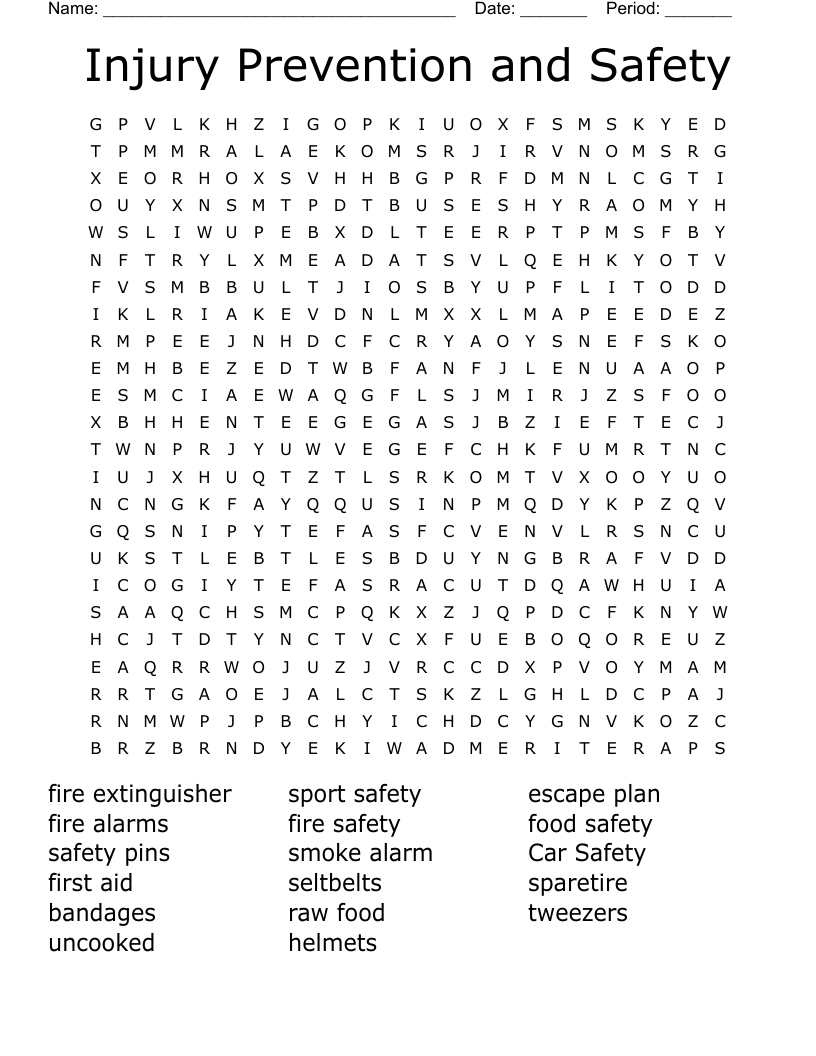 Injury Prevention and Safety Word Search