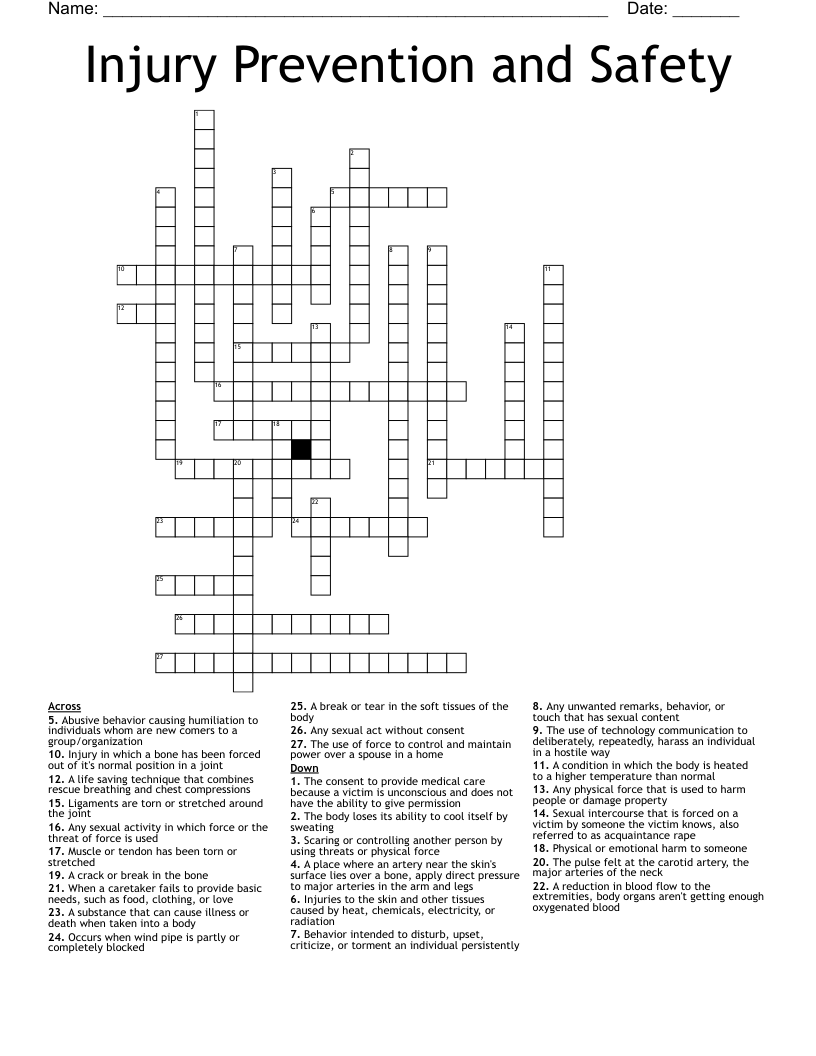 Injury Prevention and Safety Crossword