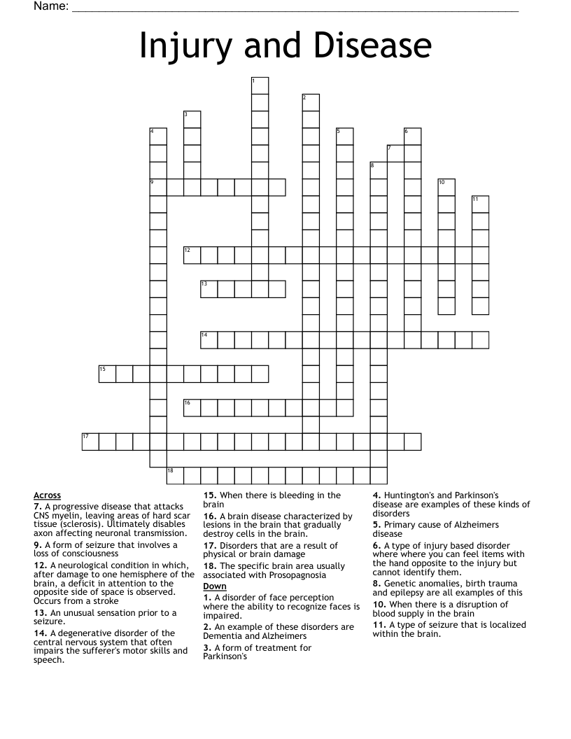 Injury and Disease  Crossword