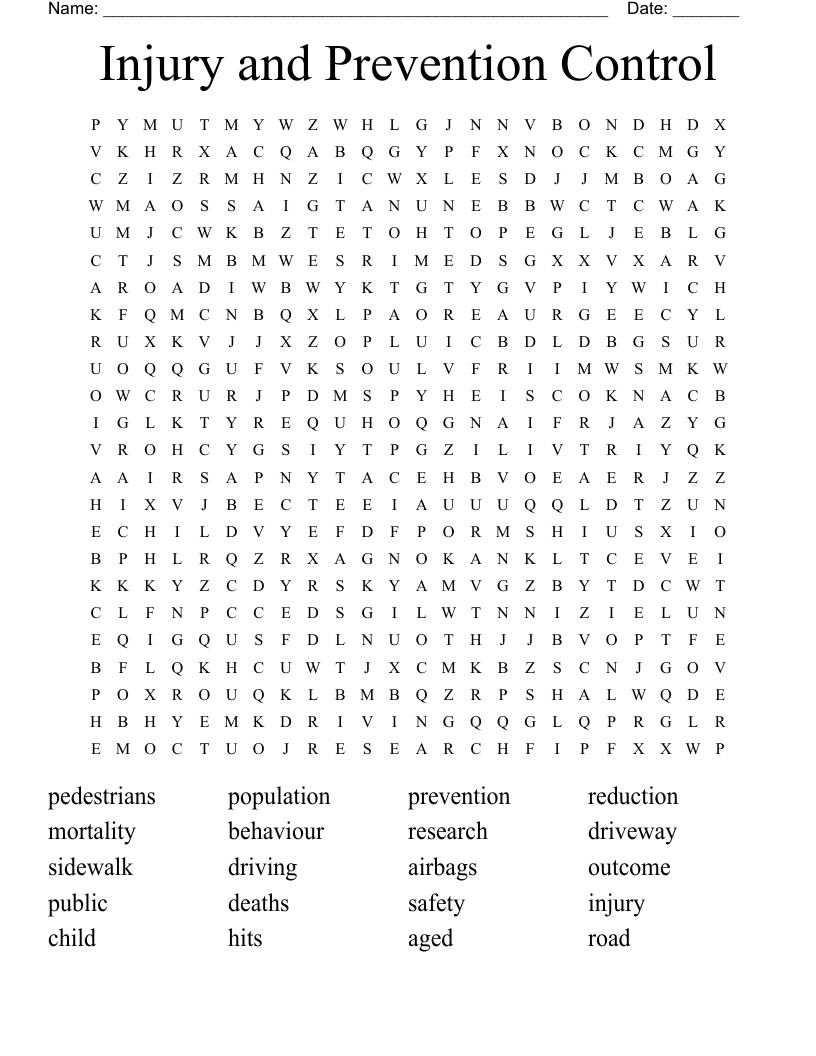 Injury and Prevention Control Word Search