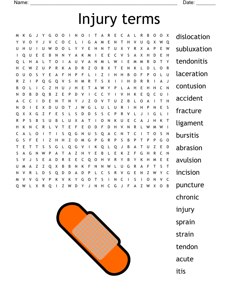 Injury terms Word Search