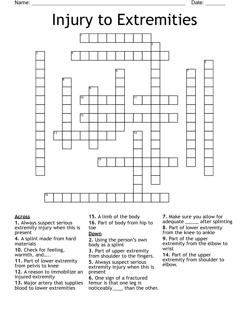 Injury to Extremities  Crossword