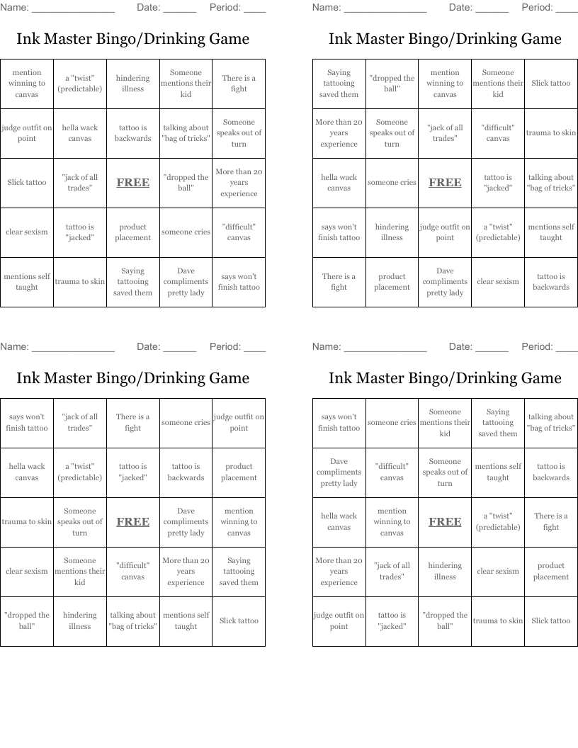Ink Master Bingo/Drinking Game