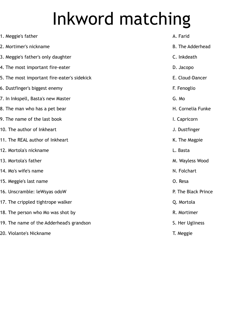 Inkword matching Worksheet