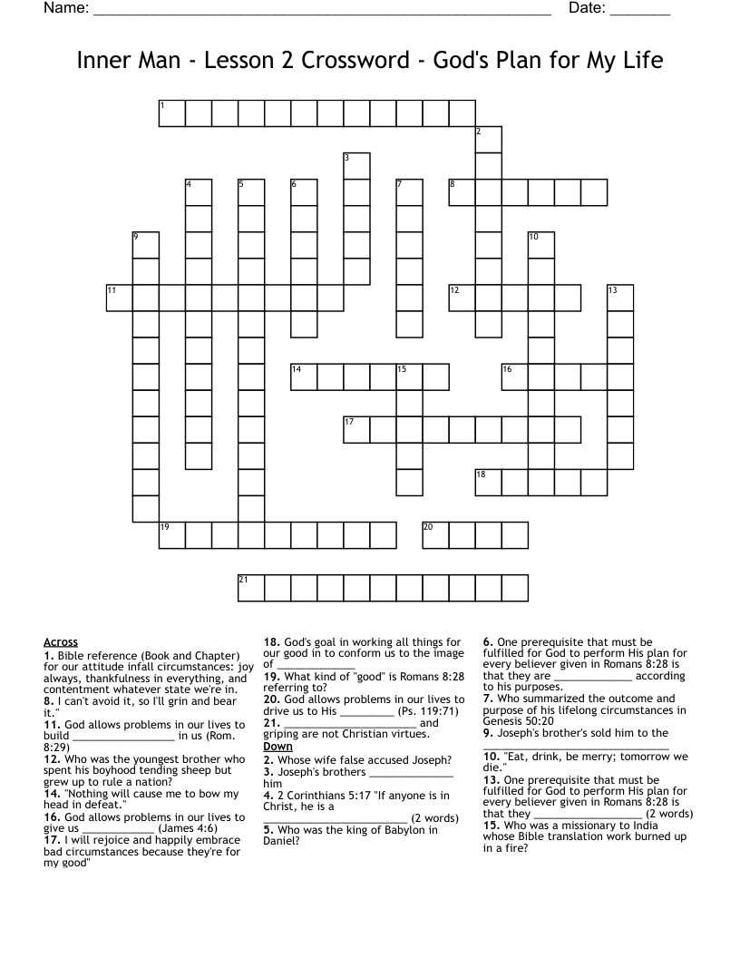 Inner Man - Lesson 2 Crossword - God's Plan for My Life
