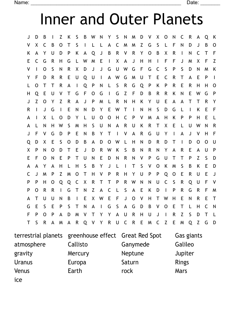 Inner and Outer Planets Word Search