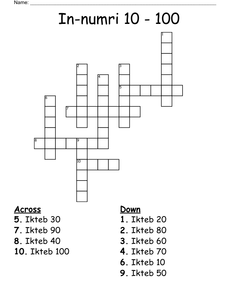 In-numri 10 - 100 Crossword