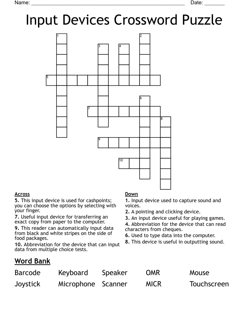 Input Devices Crossword Puzzle