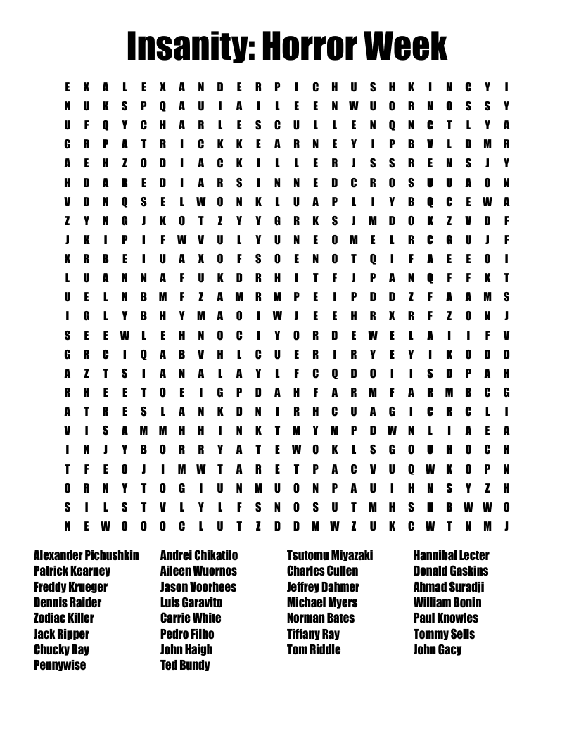 Insanity: Horror Week Word Search
