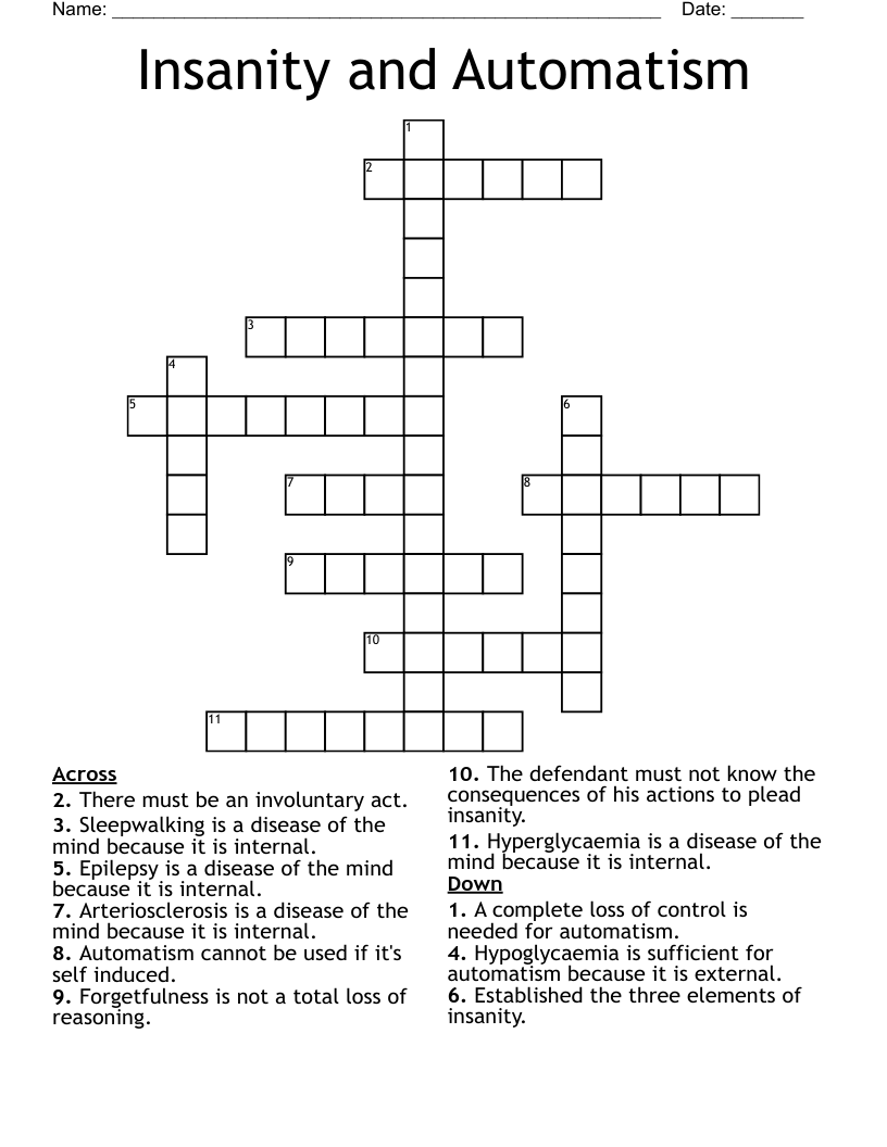 Insanity and Automatism Crossword