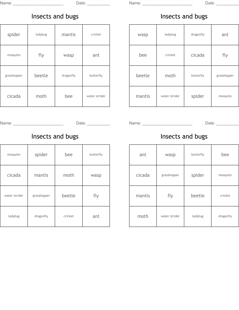 Insects and bugs  Bingo Cards